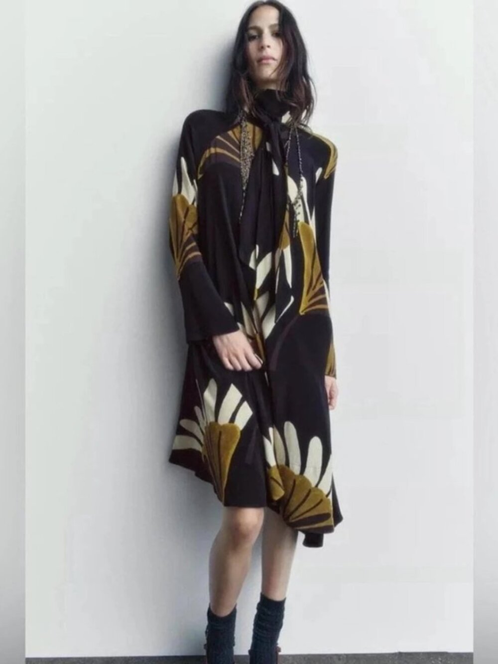 Zara ZW Collection Black Gold Printed Asymmetric Dress XS/S